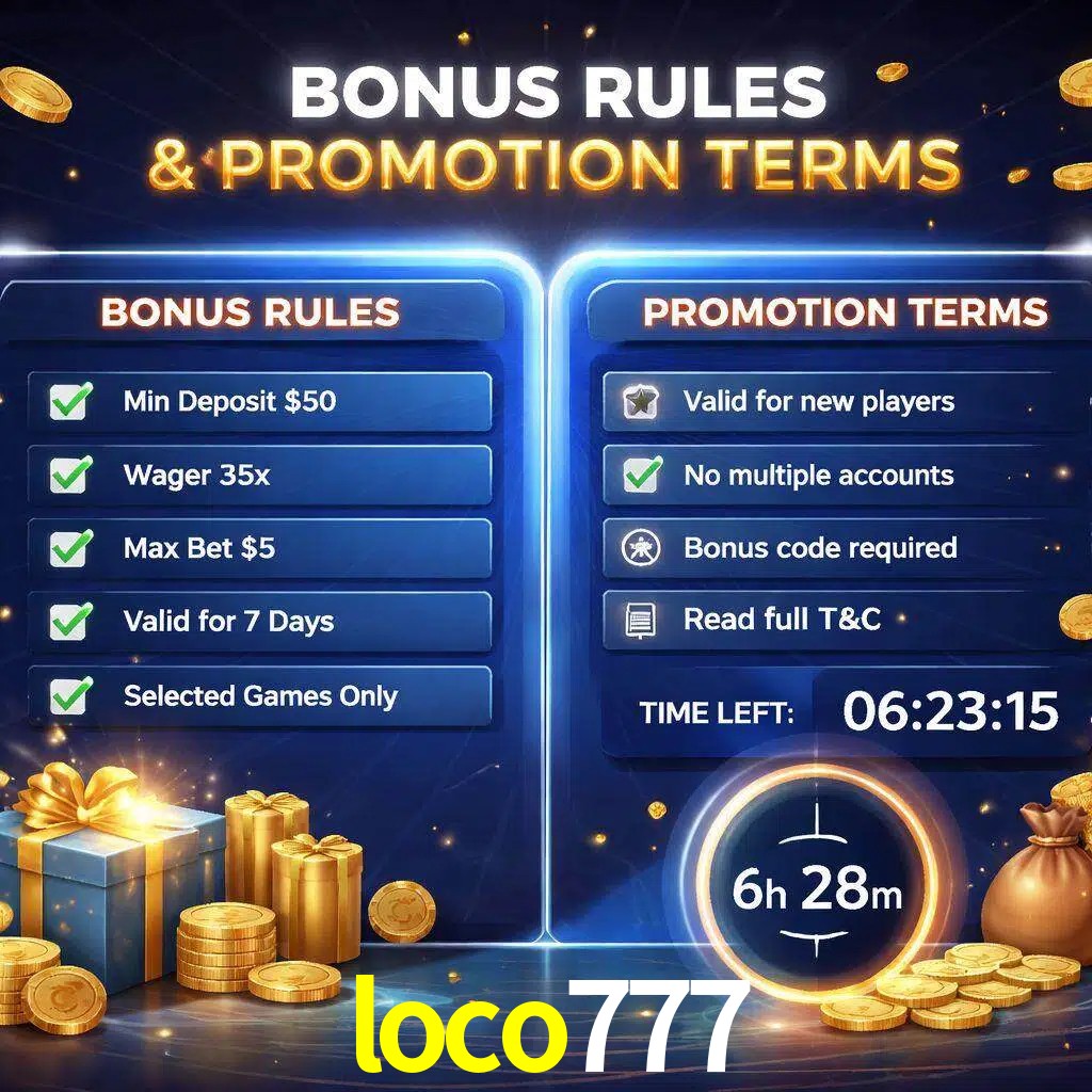 Reglas de promoción loco777 y condiciones de bonos explicadas visualmente