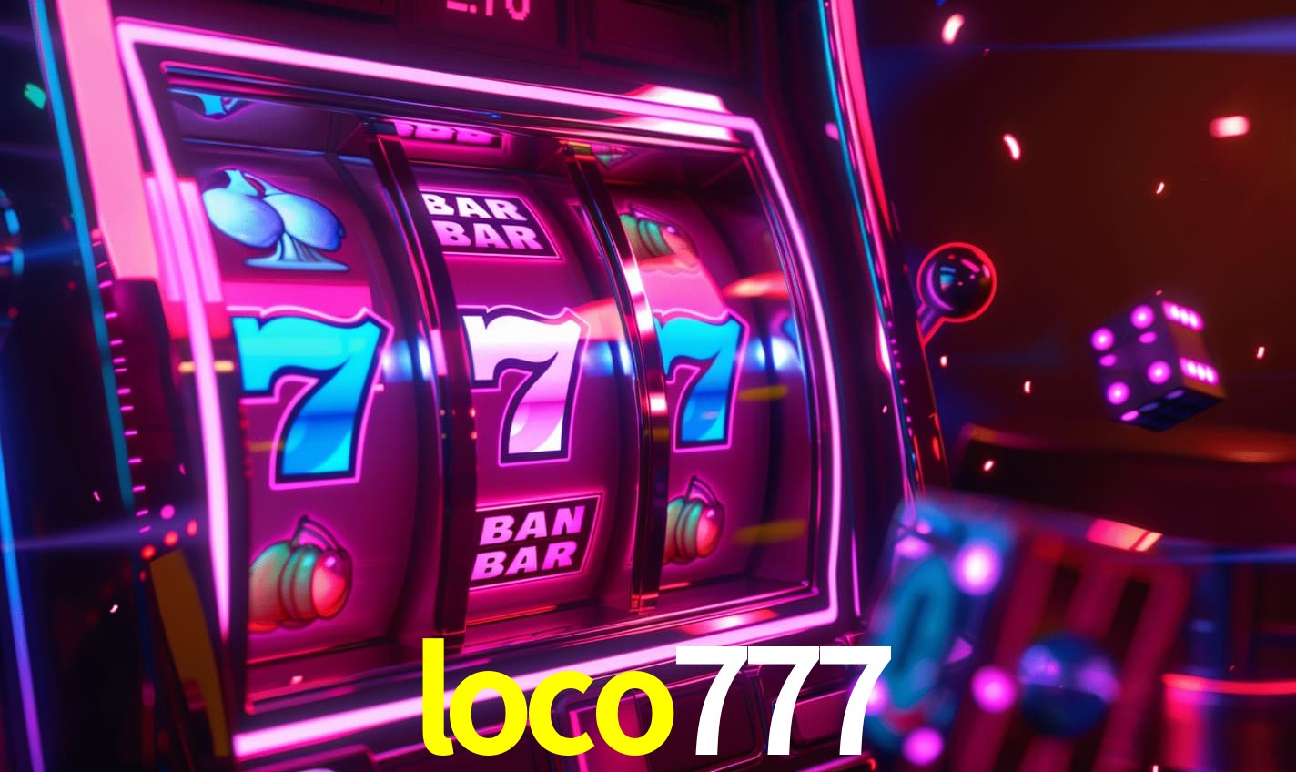 Una escena digital vívida inspirada en casino con loco777 mostrado prominentemente, luces brillantes, fichas, cartas y acentos dorados.